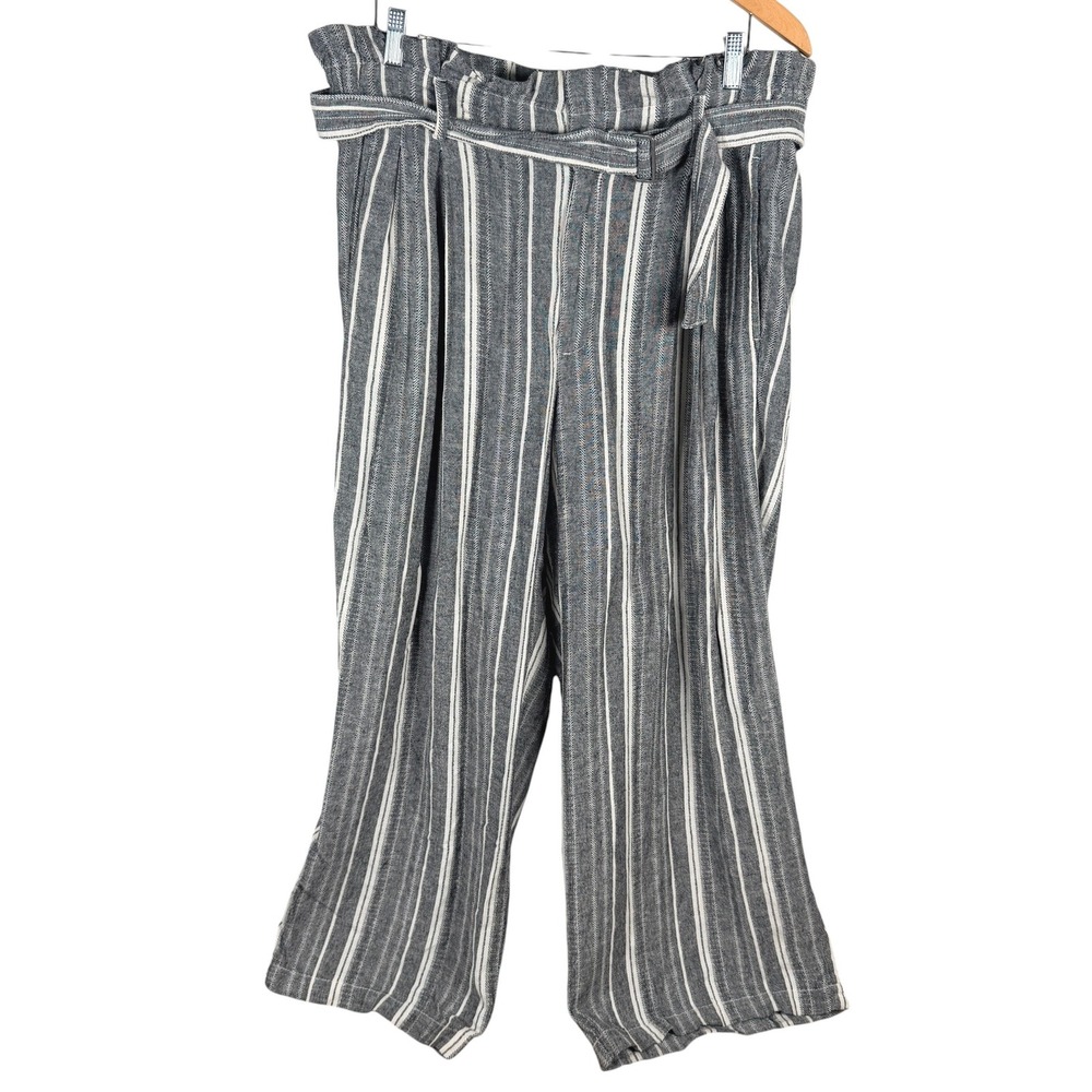 Banana Republic Wide Leg Linen Blend Pants Women 12P Grey Striped Paperbag Waist